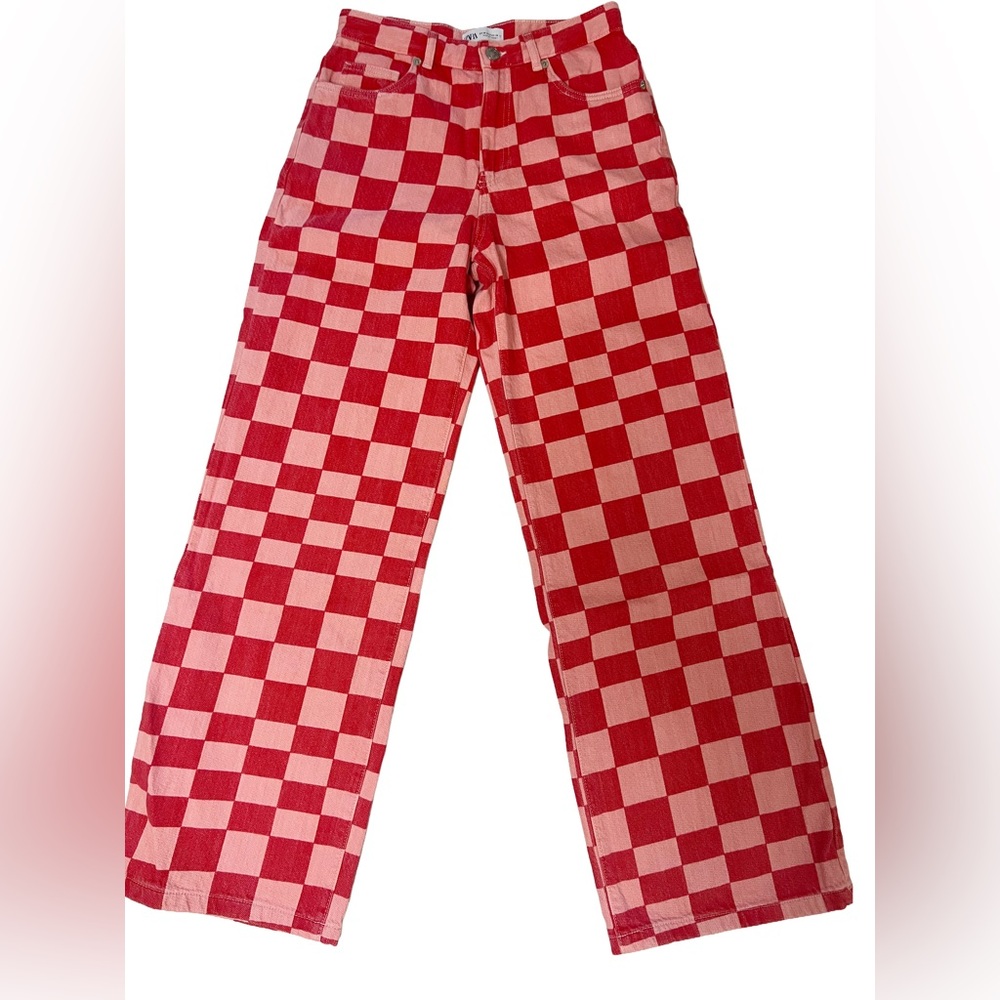 Zara red and pink checkered, high waist, wide leg jeans Size 28 NWOT 100% cotton